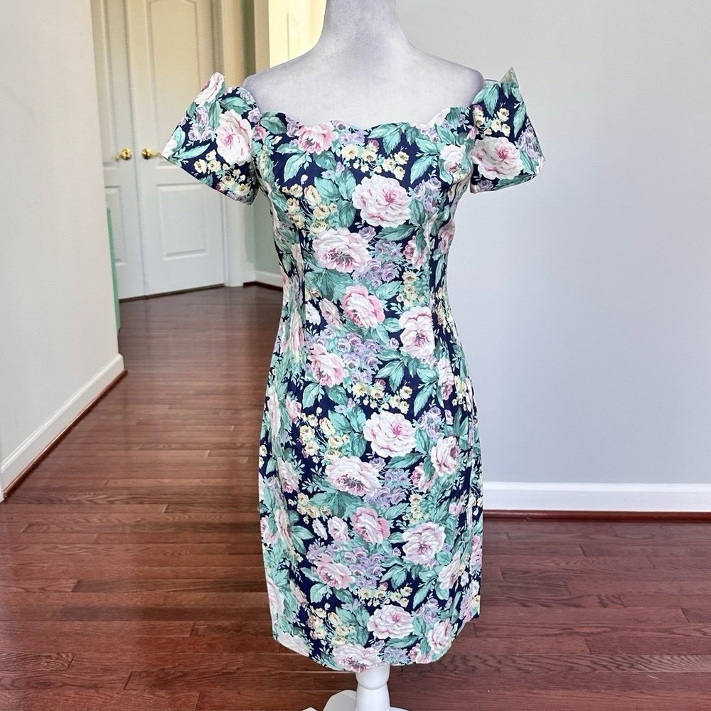 Roberta Cotton Navy Rose Floral Scalloped Off the Shoulder Cocktail Dress Size 6